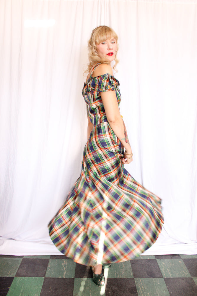 1940s Plaid Silk Taffeta Gown - Small