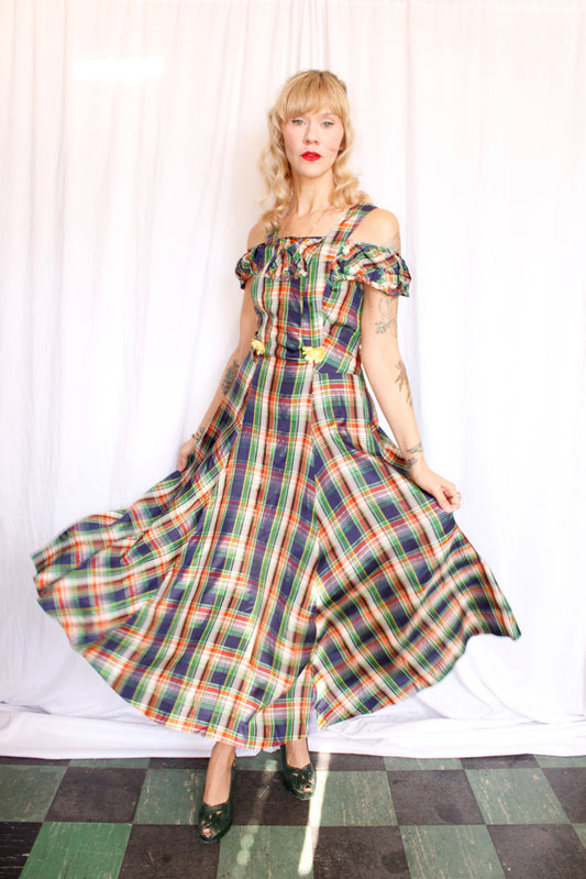 1940s Plaid Silk Taffeta Gown - Small