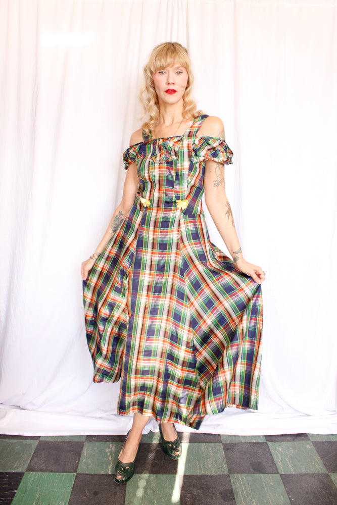 1940s Plaid Silk Taffeta Gown - Small