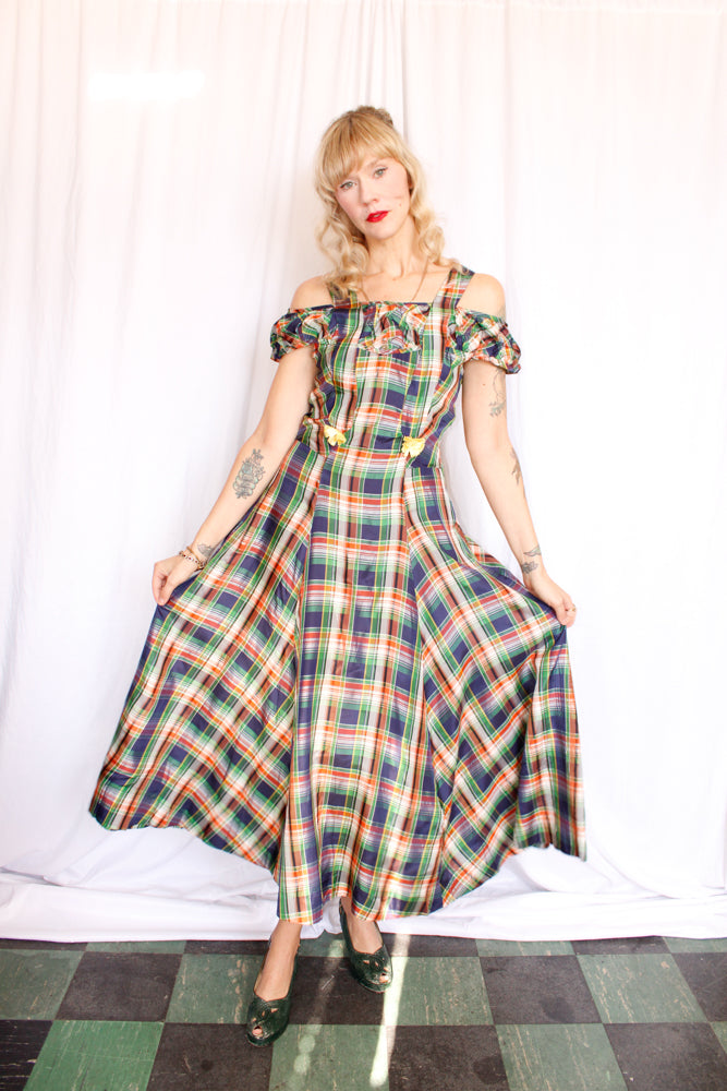 1940s Plaid Silk Taffeta Gown - Small