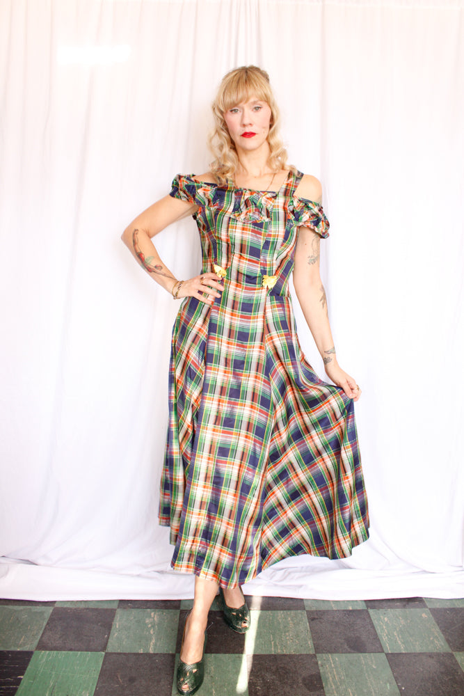 1940s Plaid Silk Taffeta Gown - Small