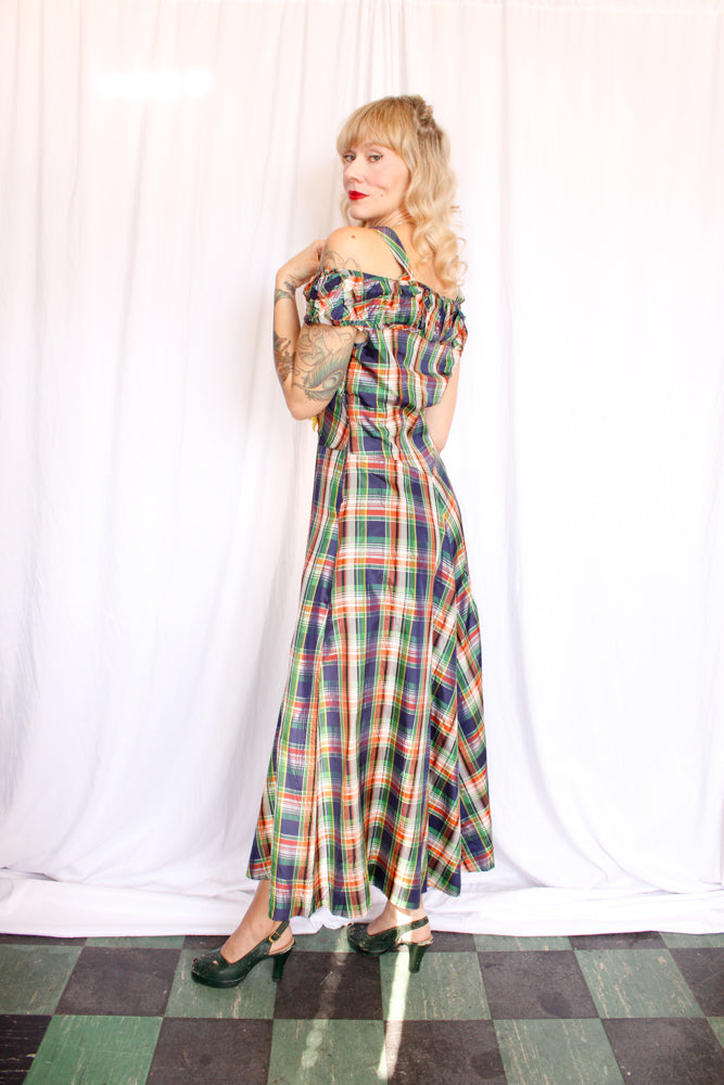 1940s Plaid Silk Taffeta Gown - Small