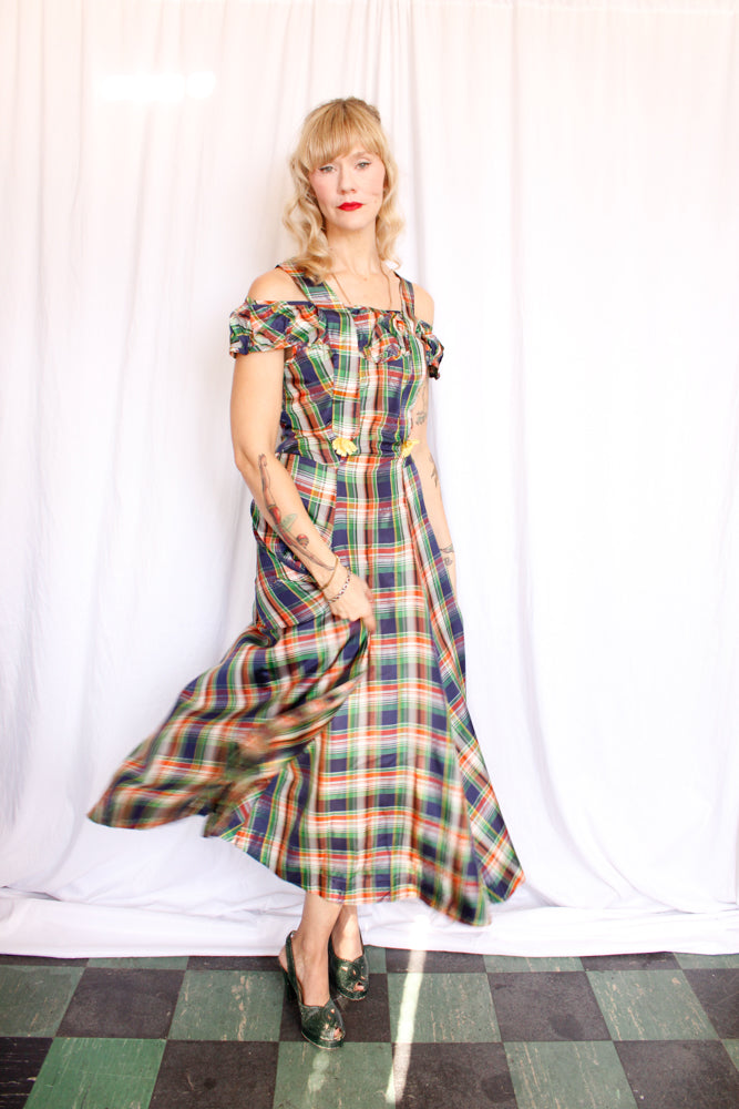 1940s Plaid Silk Taffeta Gown - Small