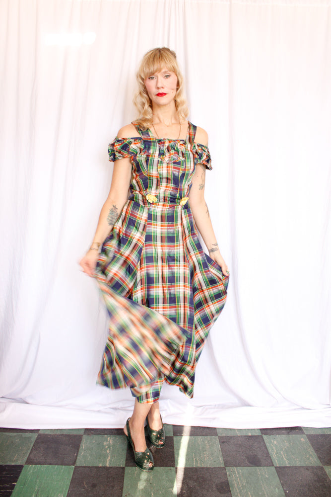 1940s Plaid Silk Taffeta Gown - Small