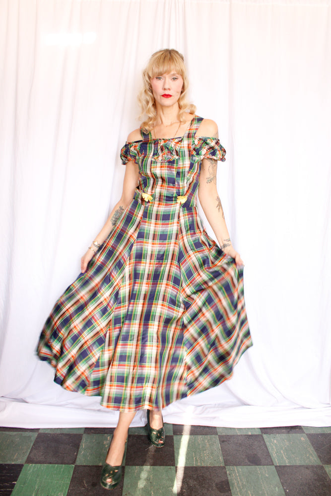 1940s Plaid Silk Taffeta Gown - Small