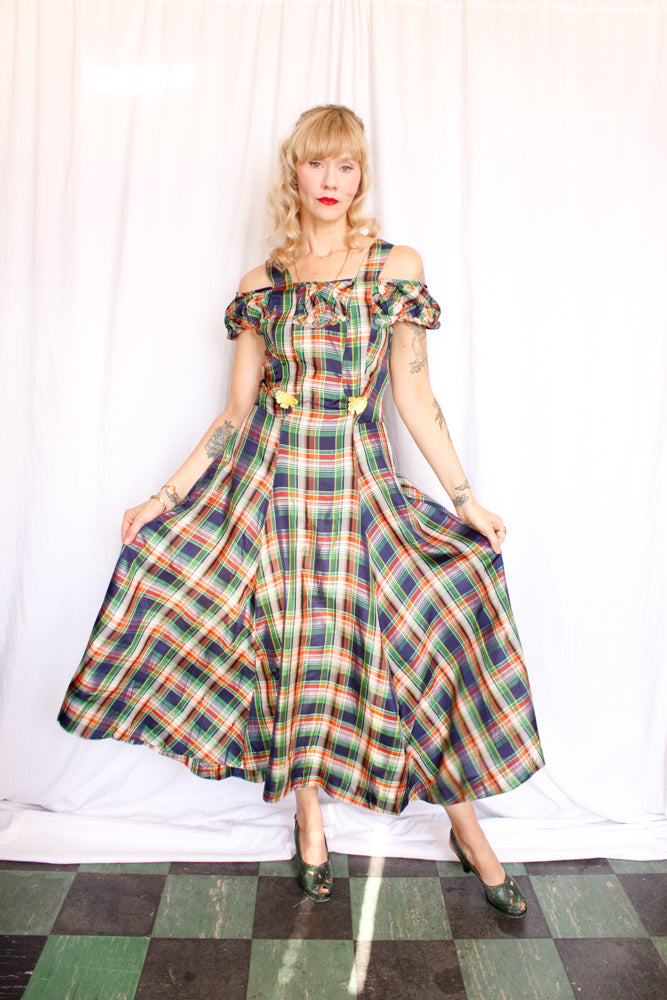 1940s Plaid Silk Taffeta Gown - Small