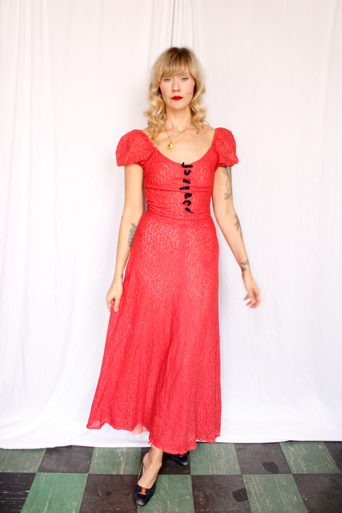 1930s Magenta Lace Puff Sleeve Gown - XS