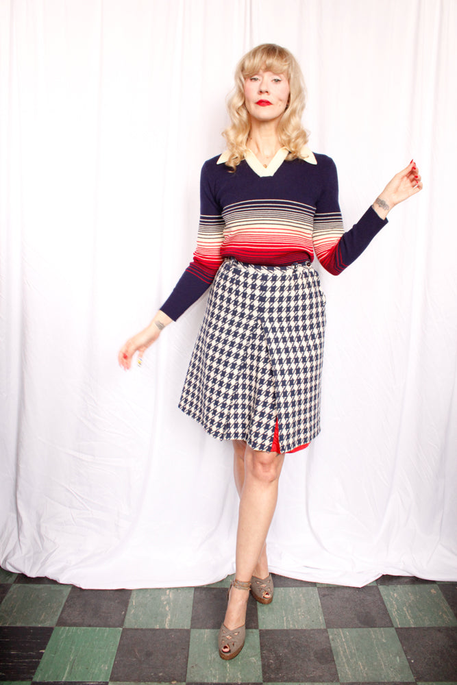 1960s Houndstooth Navy & White Skirt - Small