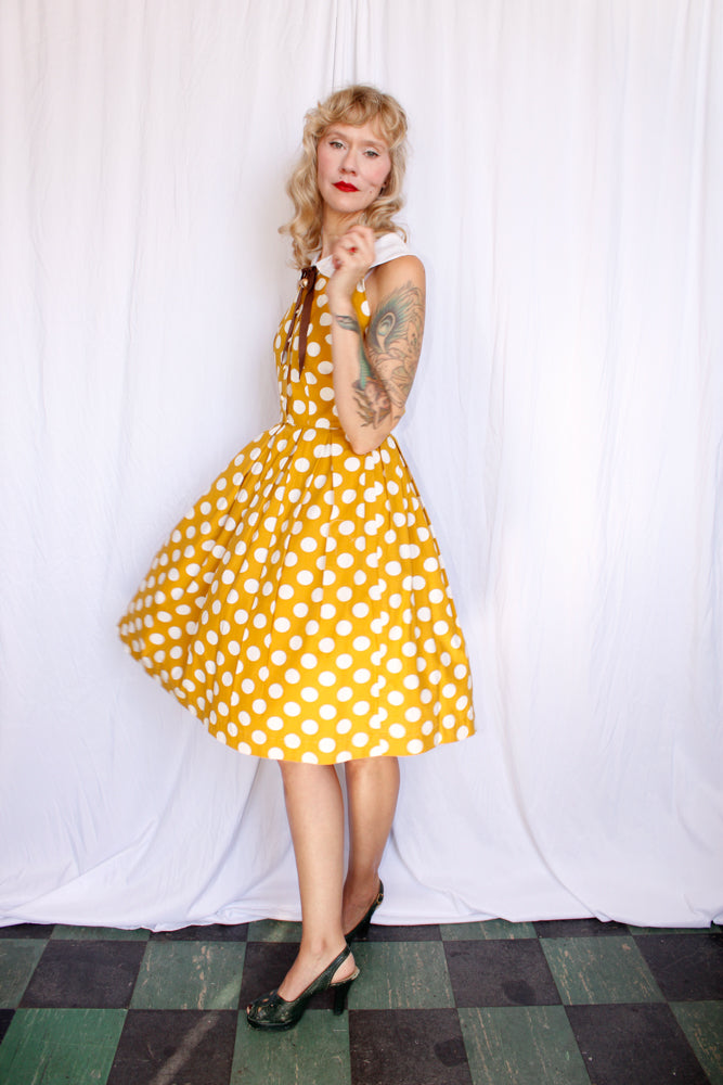 1950s Coquette Polka Dot Cotton Dress - Small