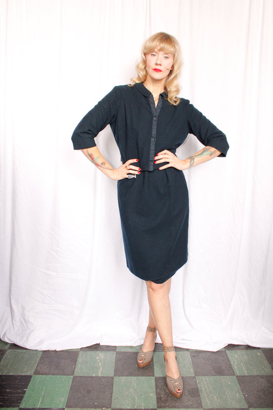 1960s Sapphire Blue Hitchcock Blonde Wool Sweater & Skirt Suit - Medium