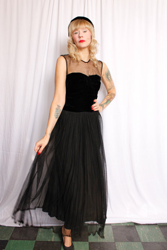 1930s Marshall Fields Velvet & Tulle Gown - Small