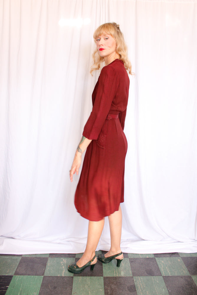 1940s Burgundy Rayon Crepe Dress - AS IS - Med/Large