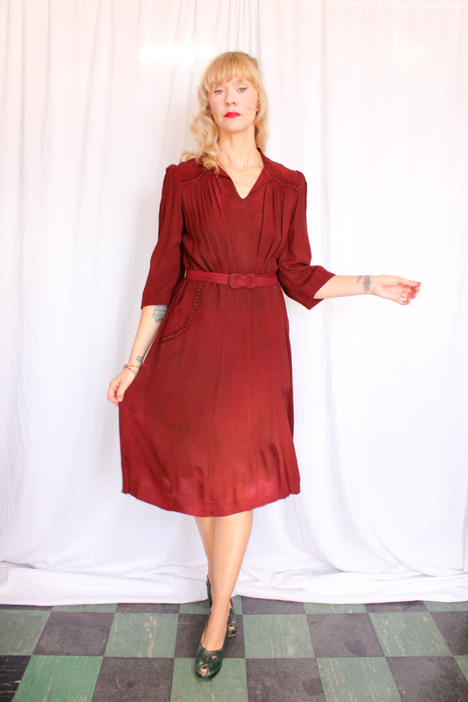 1940s Burgundy Rayon Crepe Dress - AS IS - Med/Large