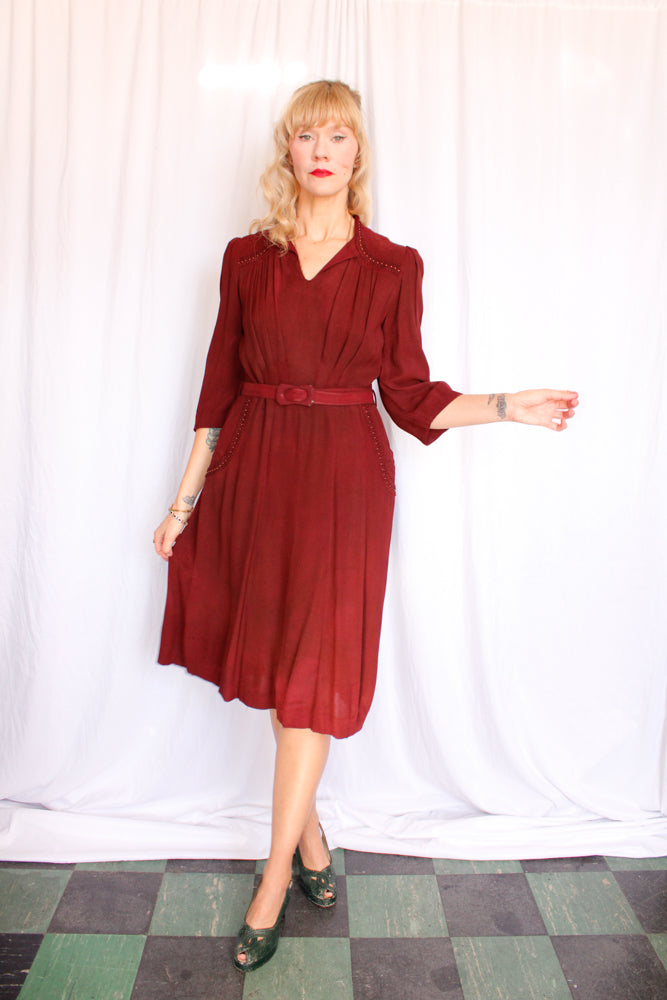 1940s Burgundy Rayon Crepe Dress - AS IS - Med/Large