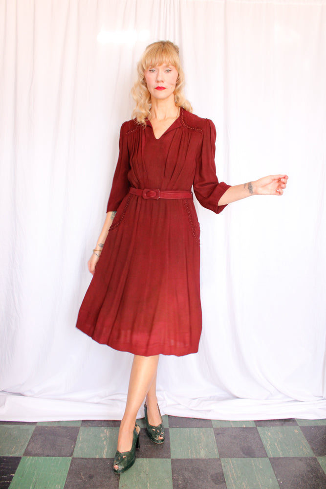 1940s Burgundy Rayon Crepe Dress - AS IS - Med/Large