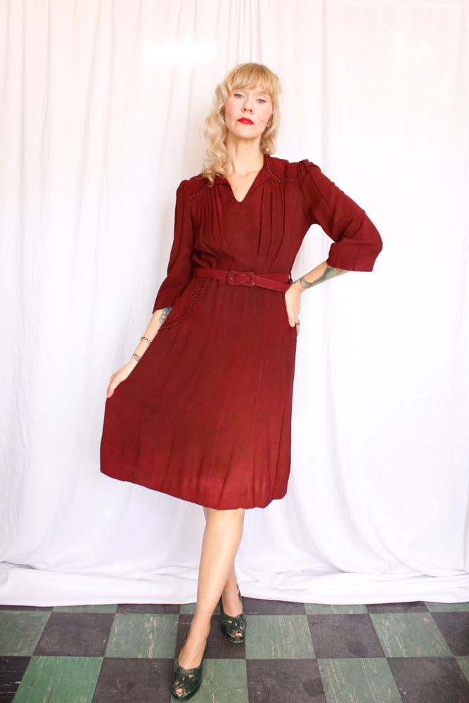 1940s Burgundy Rayon Crepe Dress - AS IS - Med/Large