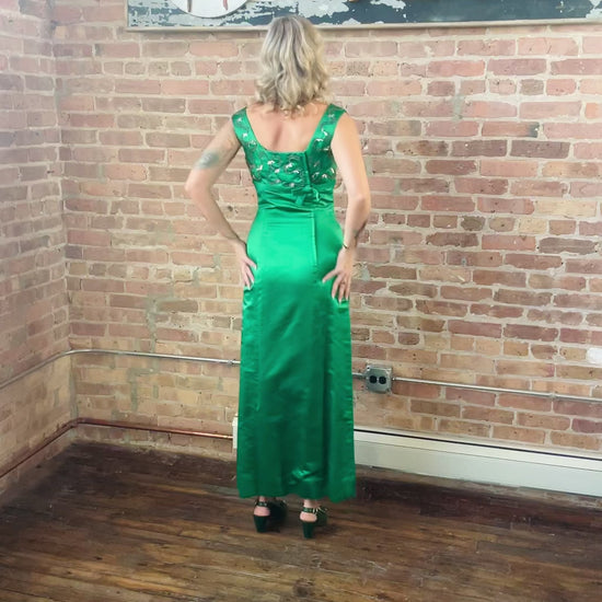 1960s Designer Ida Mae Emerald Silk Jeweled Gown - Small