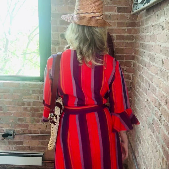 1970s Guatemalan Cotton Bright Red and Purple Stripe Dress - M/L & 1970s Cherokee Wedge Sandals - 8.5/9M