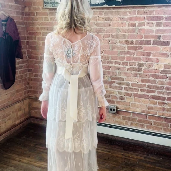 Edwardian Lace Tulle Tiered Sheer Wedding Dress - Small