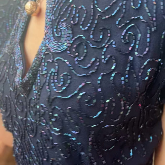 1940s Beaded Sapphire Blue Rayon Crepe Dress - Large