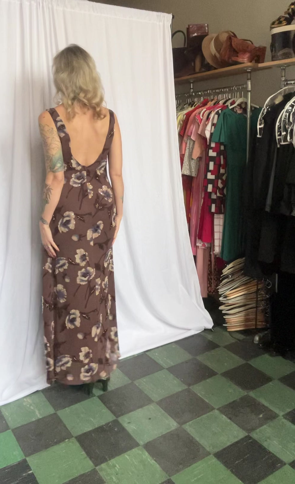 1990s Brown Silk Floral Beaded Low Back Gown - Small
