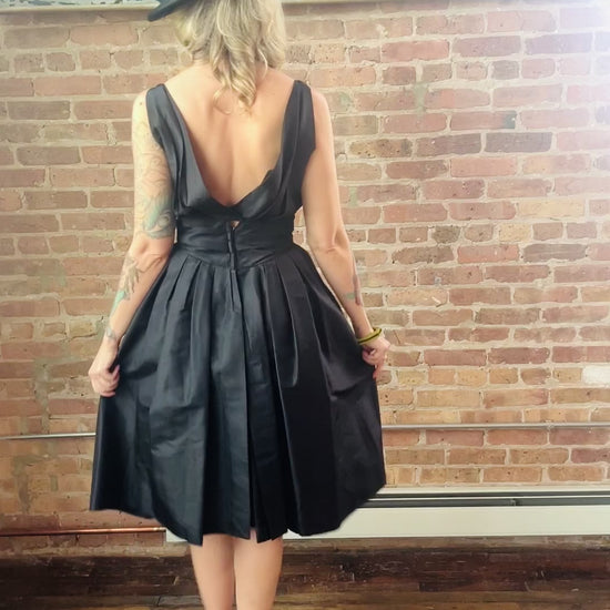 Late 40s / Early 50s Dior Style Black Silk Taffeta Sheath Dress long Peplum - Small
