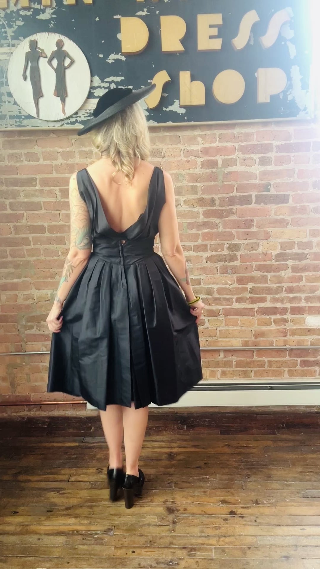 Late 40s / Early 50s Dior Style Black Silk Taffeta Sheath Dress long Peplum - Small
