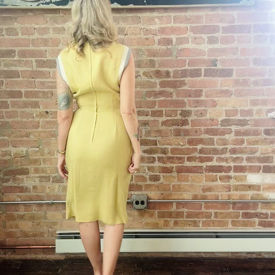 1960s Yellow Linen Teal Traina Dress - Small 