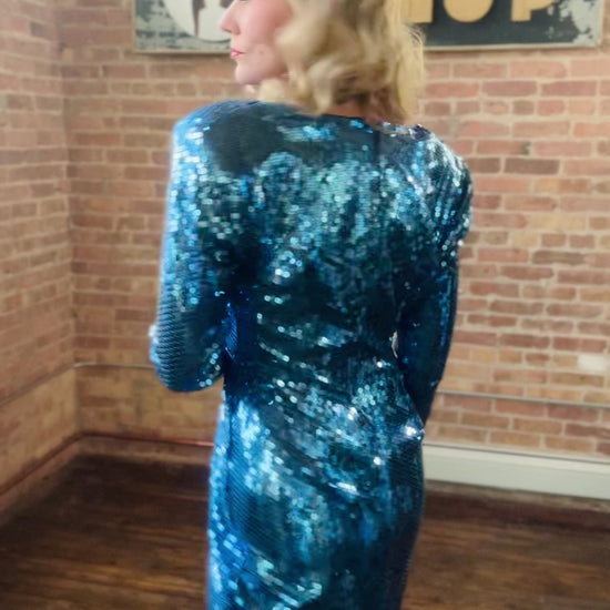 1990s Blue Sequin Dynasty Dress - Medium