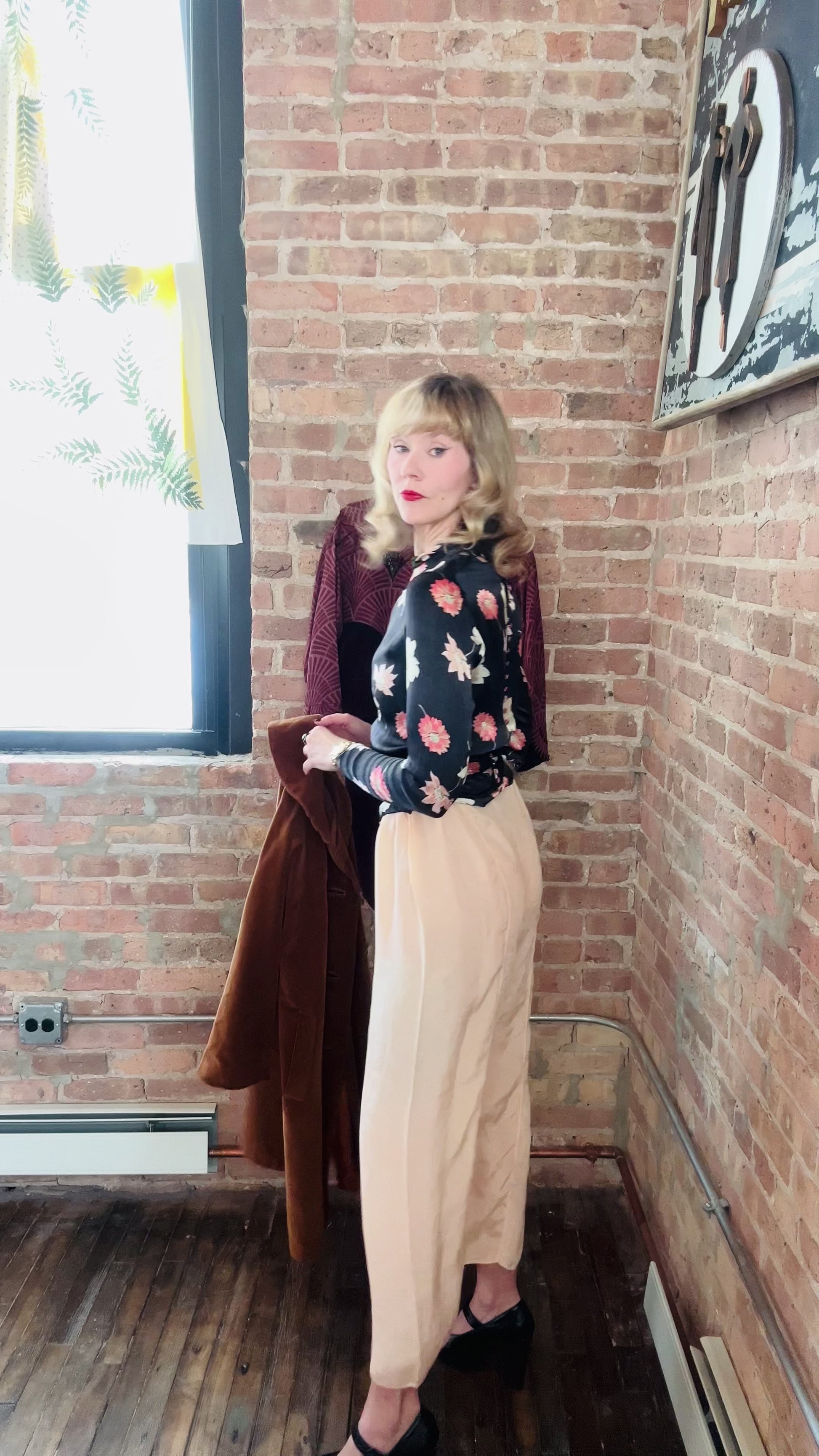 1930s Silk Floral Blouse - Small  & 1950s Copper Velvet Coat - Medium