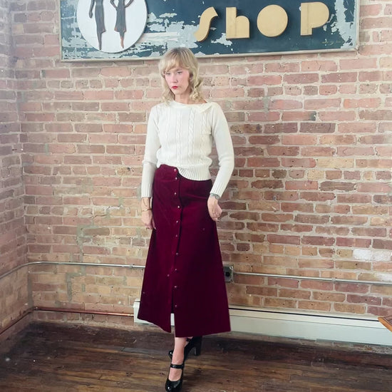 1970s Burgundy Corduroy Maxi Skirt - Medium