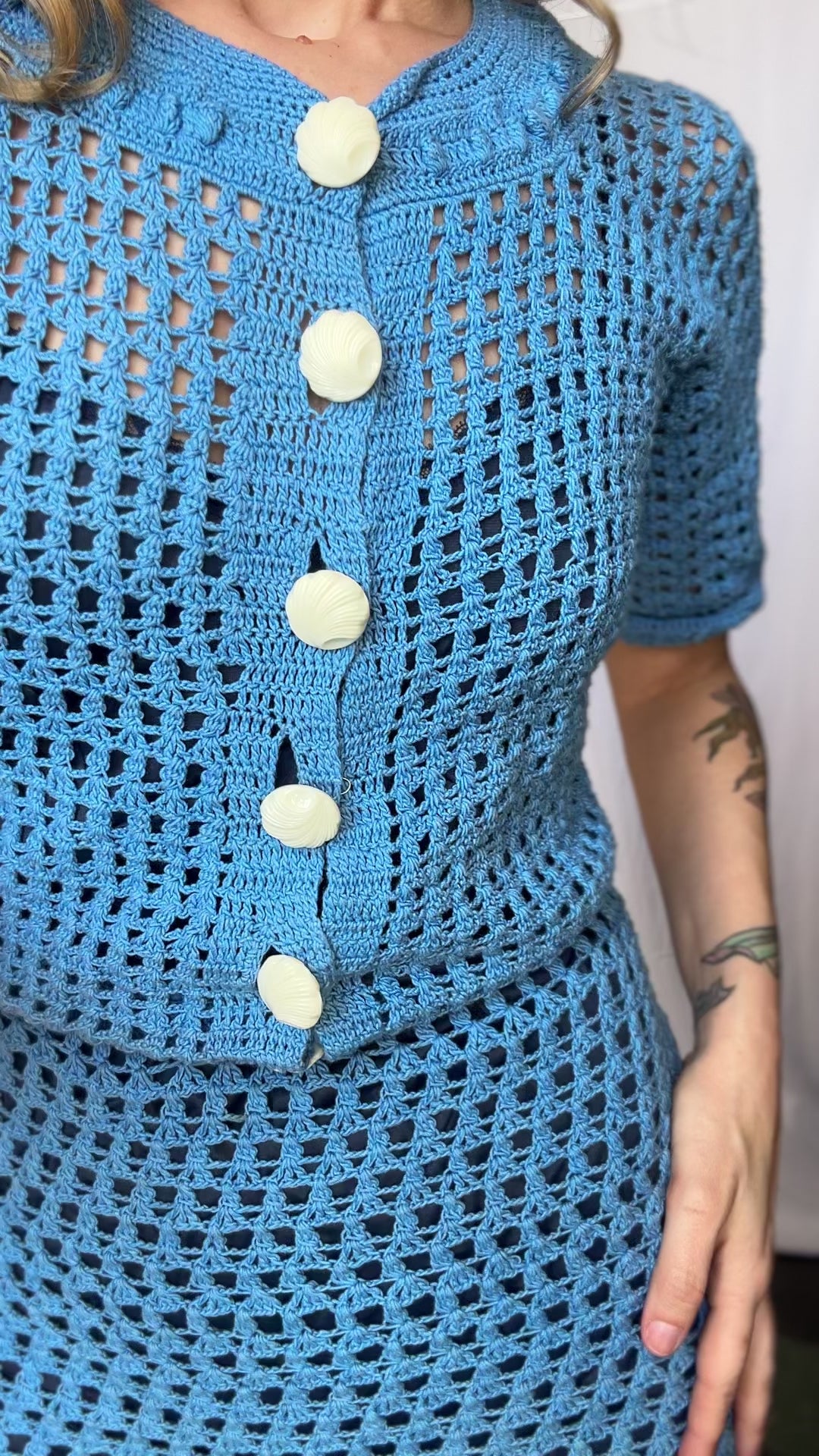 1930s Crochet Blue Sweater and Skirt Set - Xsmall