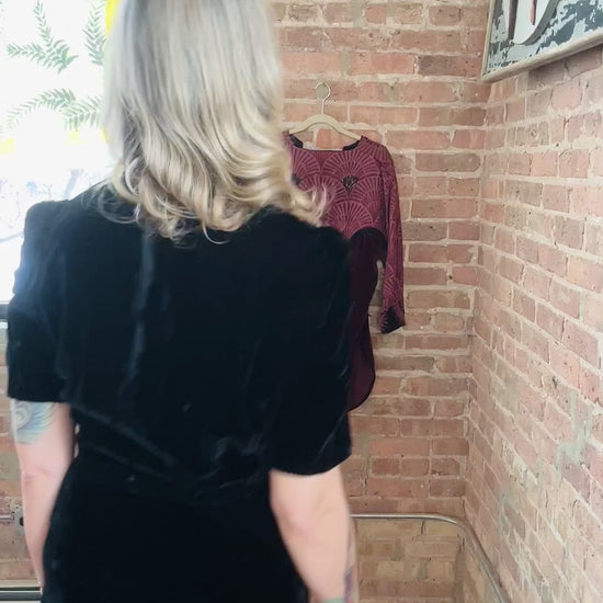 1930s Black Puff Sleeve Silk Velvet Dress with Belt - Large 