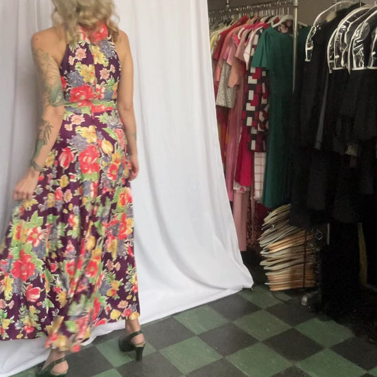 1960s does 1930s Bold Floral Maxi Gown - Medium 
