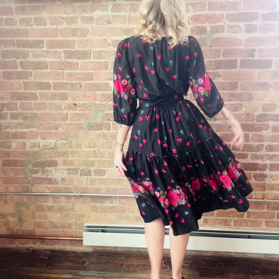1950s Silk Floral Tiered Skirt Dress - Small