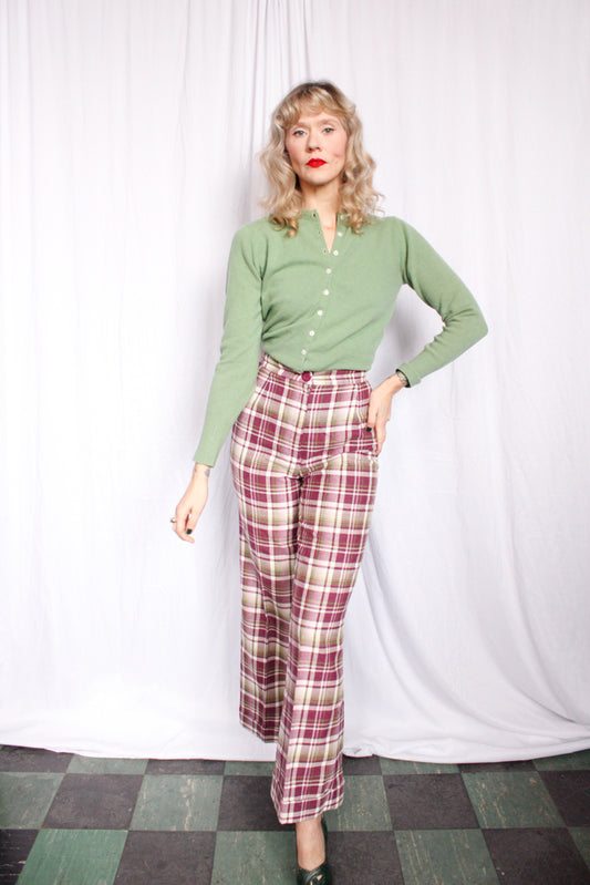 1970s Plaid Purple & Green High Waist Pant - 25" waist