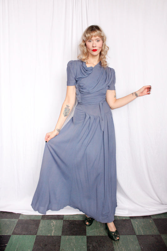 1930s Periwinkle Draped Jersey Gown - Xs