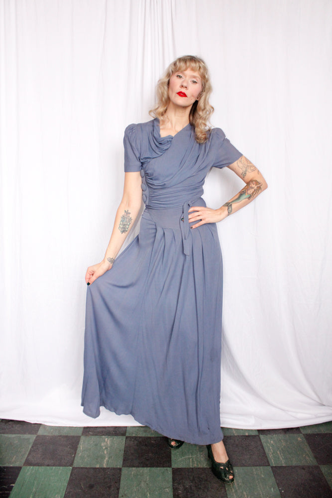 1930s Periwinkle Draped Jersey Gown - Xs