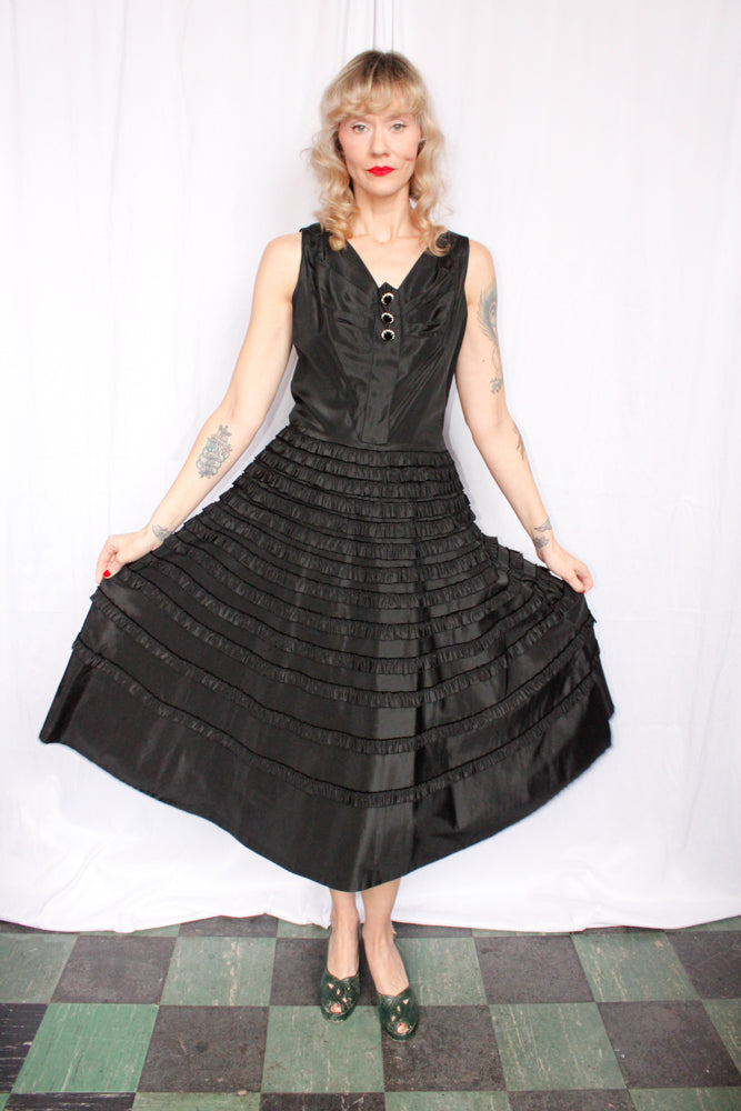 1950s Black Ruffle Tiered Taffeta Party Dress - Medium