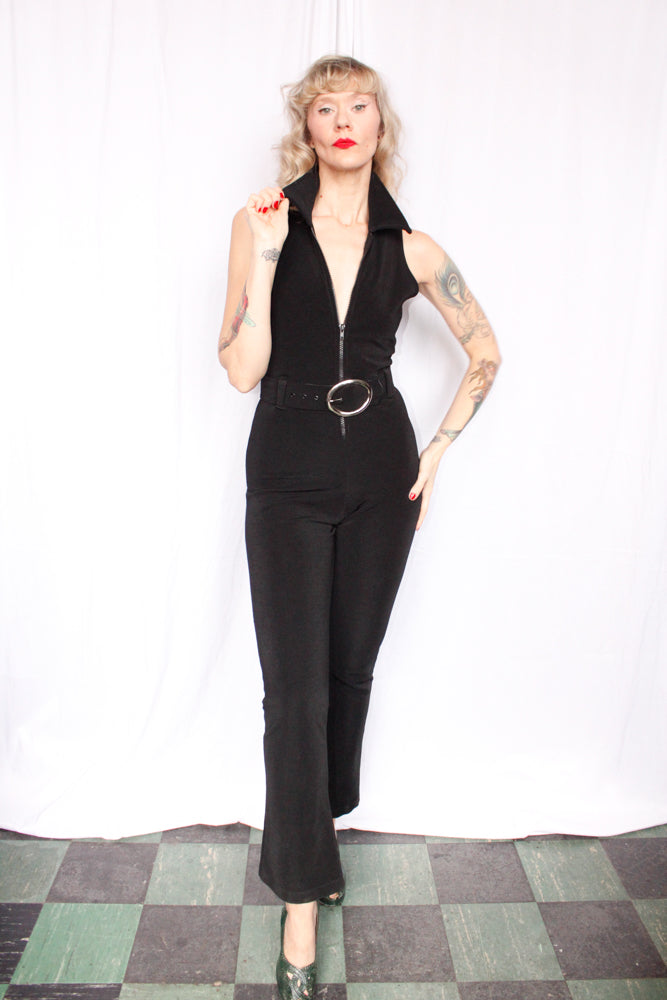 1960s Black Stretch Catsuit Jumpsuit - Small