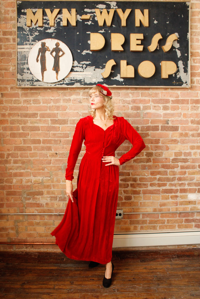 1940s Nini Turcotle Rayon Red Velvet Gown - S/M