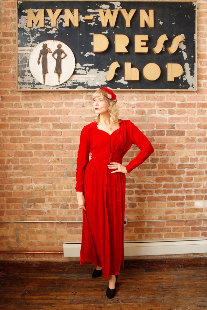 1940s Nini Turcotle Rayon Red Velvet Gown - S/M