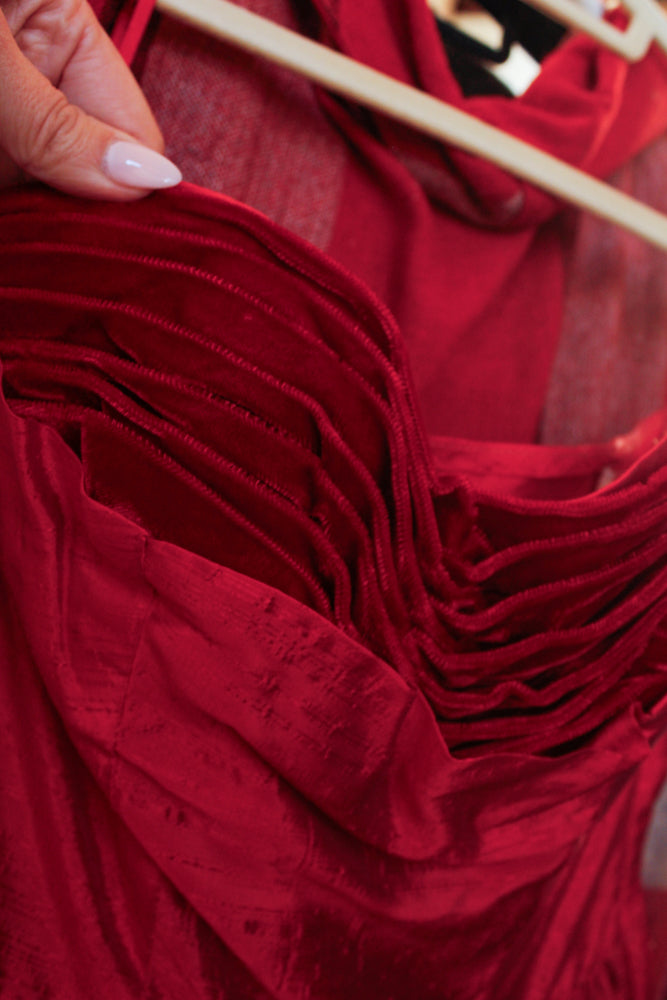 1950s Red Silk & Velvet Cupcake Dress - Xsmall