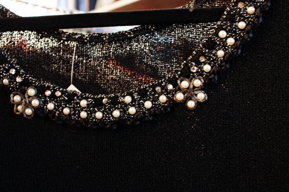 Sustainable, Eco-friendly, secondhand vintage fashion

~1950s Gorgeous Black knit top

~embellished rhinestone and beaded neckline