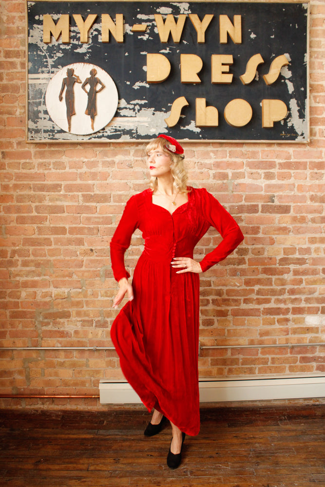 1940s Nini Turcotle Rayon Red Velvet Gown - S/M