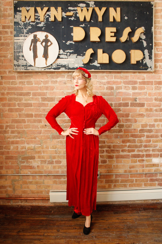 1940s Nini Turcotle Rayon Red Velvet Gown - S/M