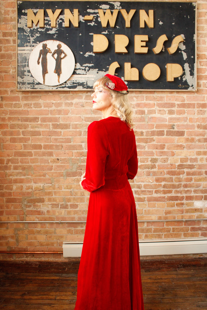 1940s Nini Turcotle Rayon Red Velvet Gown - S/M