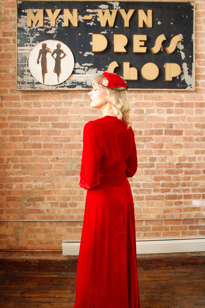 1940s Red Velvet Hat with Black Veil and Pearls with Rhinestones