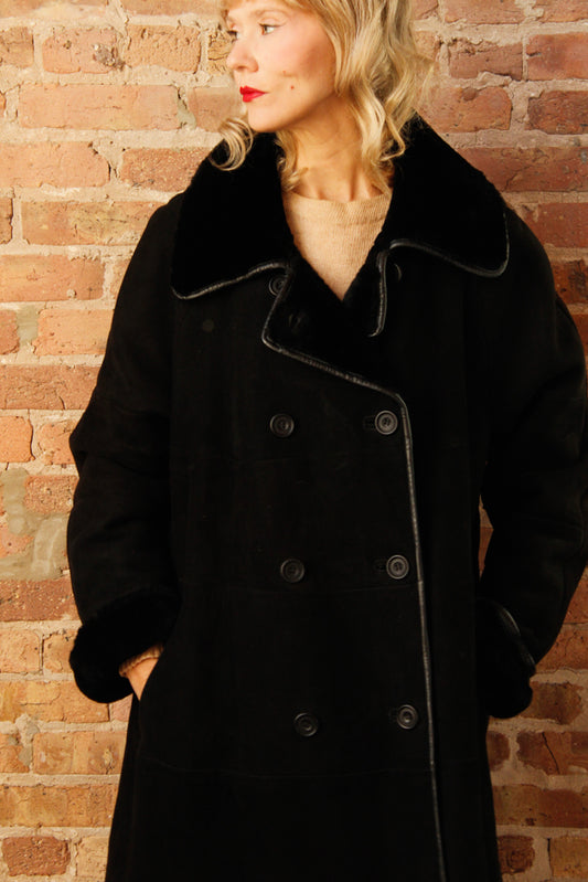 1990s Neiman Marcus Black Suede & Shearling Coat - M/L