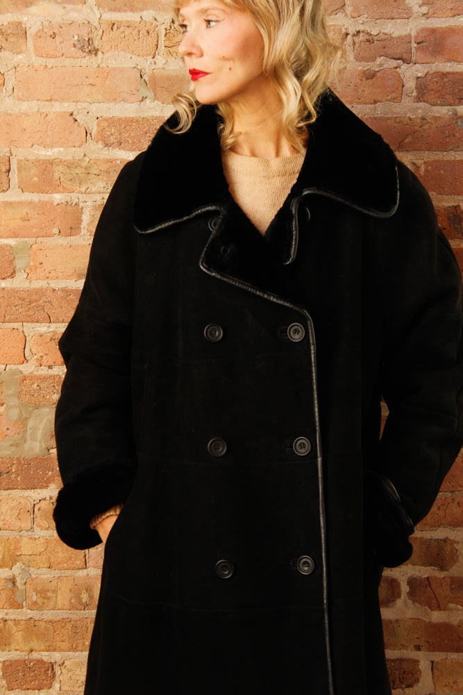 1990s Neiman Marcus Black Suede & Shearling Coat - M/L